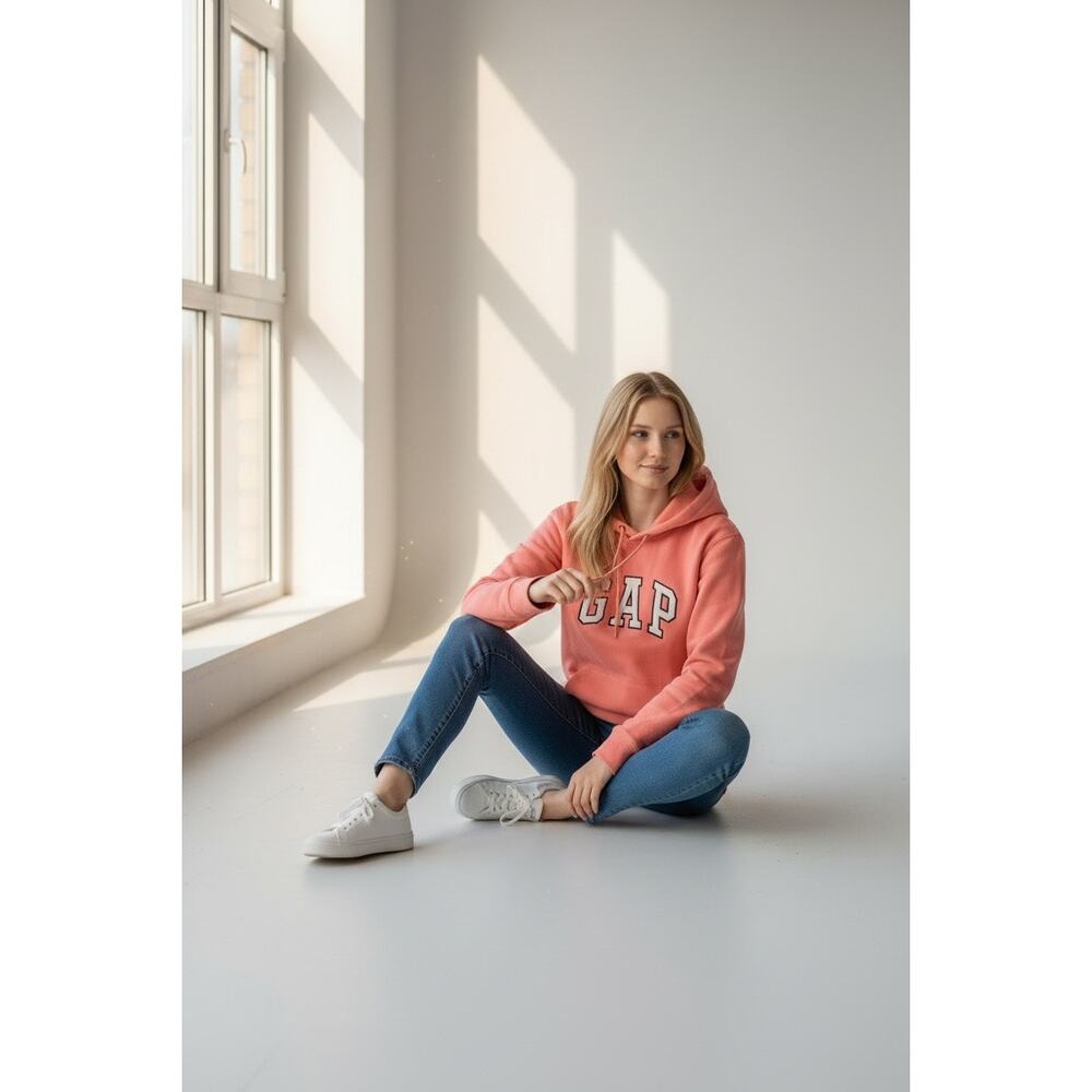 Vintage GAP Stretch Hoodie XL Coral Pink Logo Sweatshirt Retro Athleisure - Picture 4 of 12